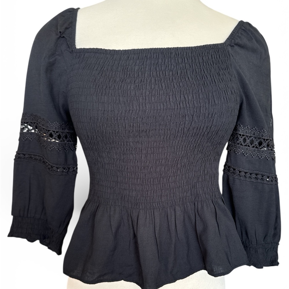 Black Smocked Lace Cottagecore Peplum Top